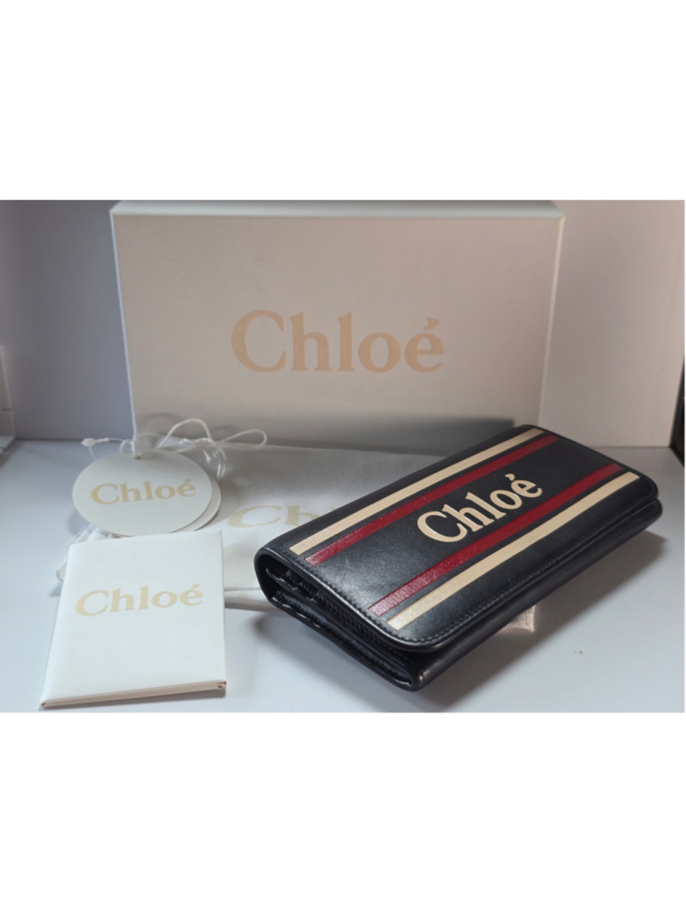 Chloé Black Leather Logo Stripe Continental Wallet